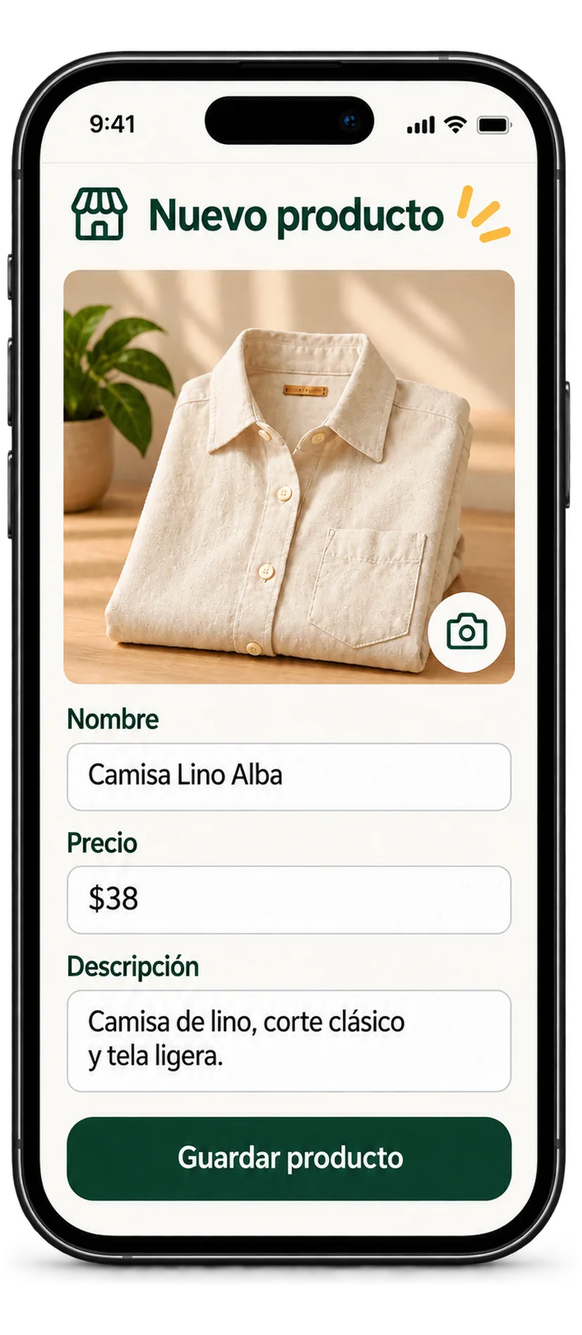 Pantalla de Cerquita para cargar la foto, el nombre, el precio y la descripción de un producto
