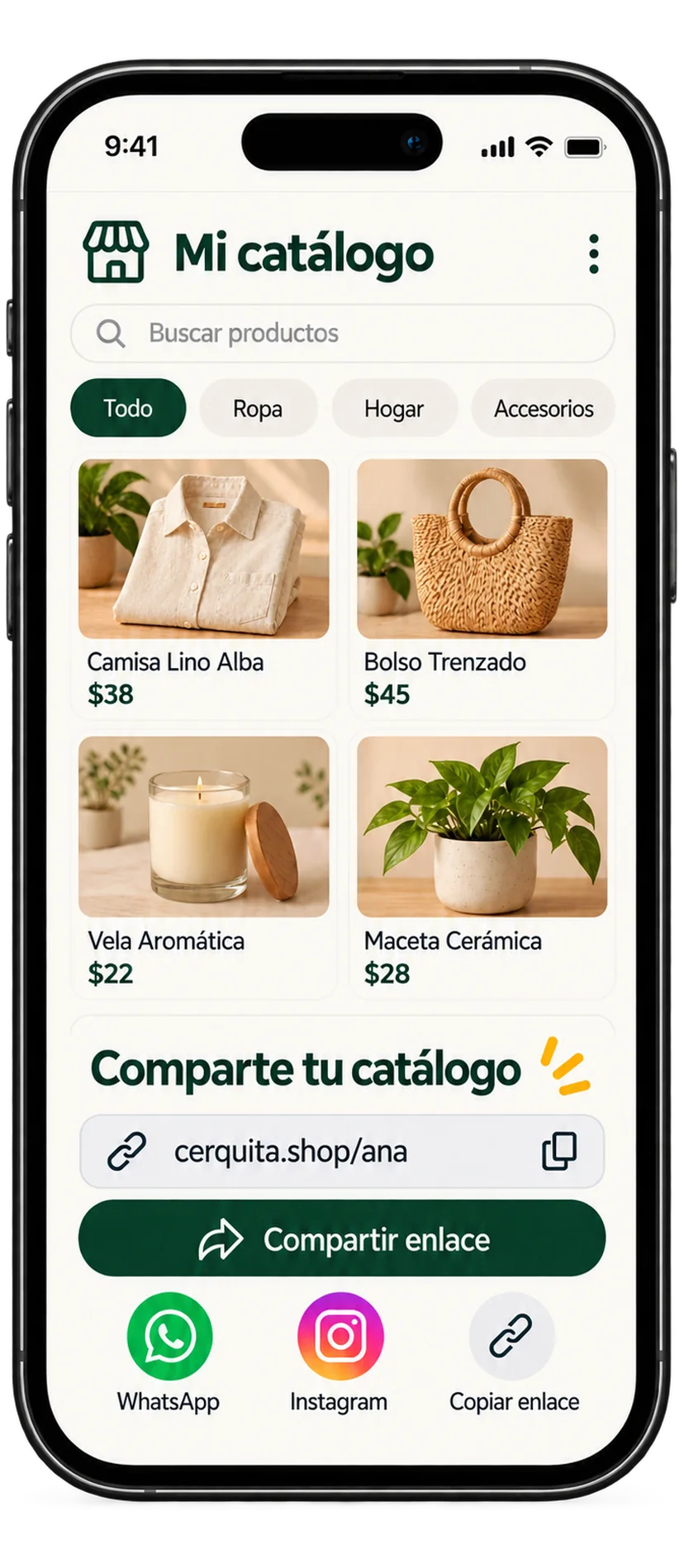 Catálogo Cerquita con productos, enlace y opciones para compartir
