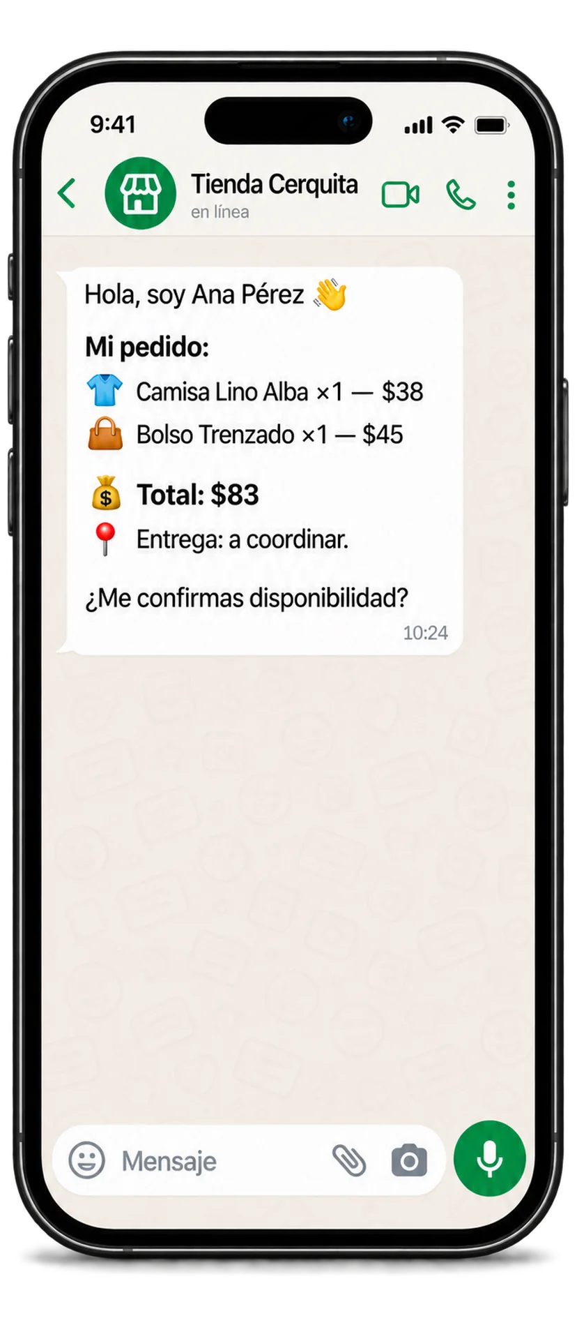 Chat de WhatsApp de Tienda Cerquita con el pedido de Ana Pérez, sus productos, el total y la coordinación de entrega