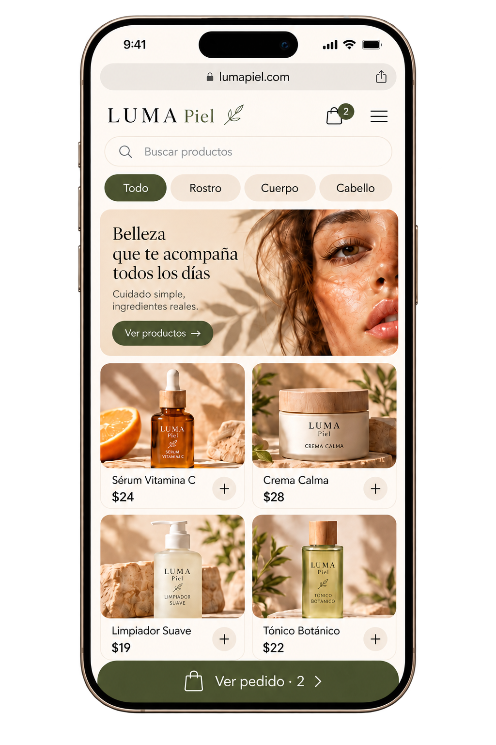 Inicio del catálogo móvil de LUMA Piel, con productos de belleza