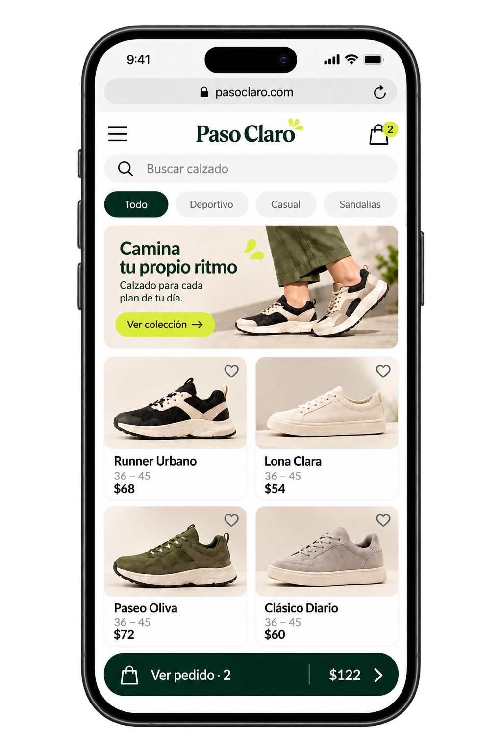Inicio del catálogo móvil de Paso Claro, con calzado y tallas