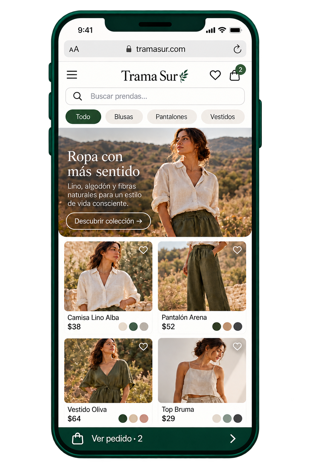 Inicio del catálogo móvil de Trama Sur, con prendas y pedido